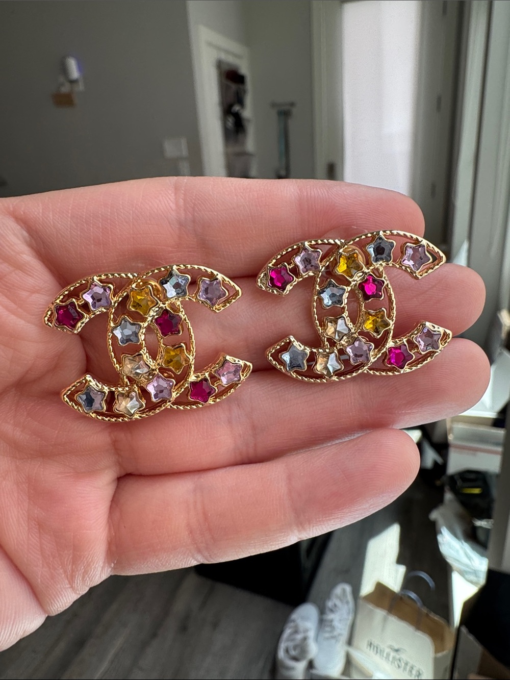 CC Style Rainbow Star Crystal Stud Earrings Gold Tone